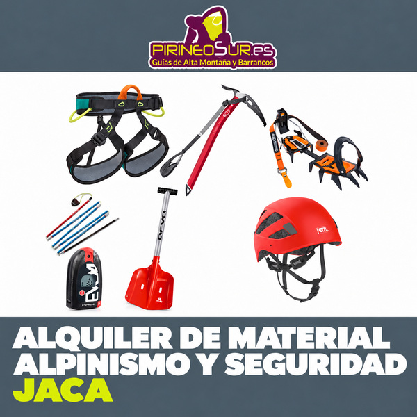 Alquiler de piolet, crampones, ARVA, sonda, pala, arnés, y casco en Jaca